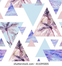 Abstract Summer Geometric Seamless Pattern. Triangle With Palm Tree, Leaf And Marble Grunge Textures. Abstract Geometric Background In Retro Vintage 80s Or 90s. Hand Painted Summer Beach Illustration 