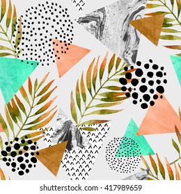 Abstract Summer Geometric Seamless Pattern. Triangles With Palm Leaf And Marble Grunge Textures. Abstract Geometric Background In Retro Vintage 80s 90s Pop Art. Hand Drawn Summer Natural Illustration 