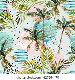 Abstract Summer Geometric Seamless Pattern. Watercolor Palm Tree, Leaf, Marble, Grunge, Doodle Textured Circles Background. Water Color Floral, Minimal Elements. Hand Painted Tropical Illustration