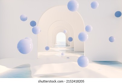 Abstract summer landscape scene and geometric form  ocean beach view  3d rendering 