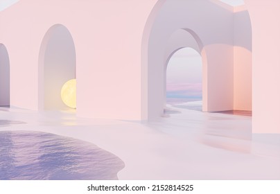 Abstract Summer Landscape Scene With Geometric Form. Ocean Beach View. 3d Rendering.