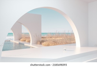 Abstract Summer Landscape Scene With Geometric Form. Ocean Beach View. 3d Rendering.