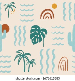 Abstract Summer Seamless Pattern With Palm Tree, Monstera, Cactus, Rainbows, Sun, Moon And Waves. Hand Painted Tropical Illustration On Beige Background. Trendy Exotic Art Printable.