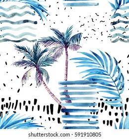 Abstract Summer Seamless Pattern. Watercolor Palm Tree, Leaves, Grunge Textures, Doodles, Brush Strokes. Water Color Background In Minimalistic Style. Hand Painted Tropical Illustration