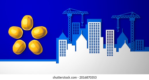 Abstract Sun Or Flower Laid Out Of Yellow Protective Helmets On The Background Of An Urban Silhouette. 3d Render Background For A Labor Day And Builder's Day Postcard Or Banner.