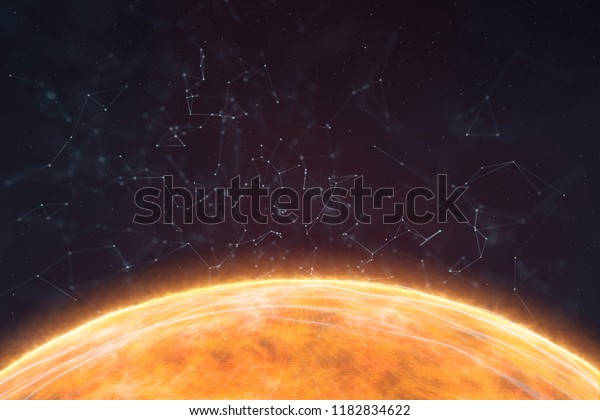 Abstract Sun surface with lines and dots\
illustration. View from\
space.