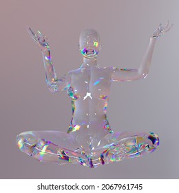 Abstract surreal 3d illustration of a woman statue made of glass sitting in a lotus pose. The concept of mindfulness and meditation.