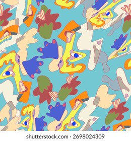 Abstract Surreal Faces Pattern with Blue Background – Colorful Artistic Seamless Design