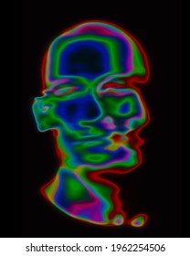 abstract surreal man neon colored lines portrait  contemporary art  rainbow gradient face looks like head in infrared light black background  face thermal vision expressionism conceptual artwork