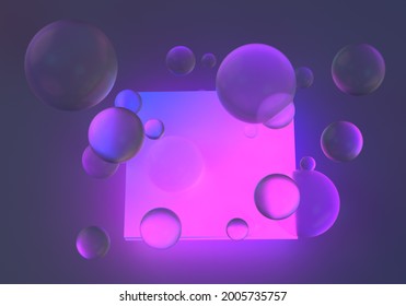 Abstract Surreal Sci-fi Background With Floating Glass Spheres And Neon Rectangle. 3D Illustration.