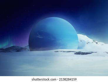 Abstract Surrealistic Sci Fi Concept Art. Planet Neptune Lies In Winter Snowy Natural Landscape. Realistic 3d Render. Science Creative Design Illustration.