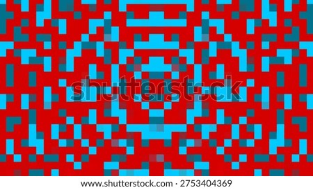 Abstract symmetrical blue pixel pattern on red background