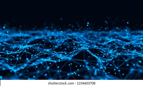 Abstract tangle of lines onblue background. Particle placement with hanging dots in space. Large data background .3d rendering.