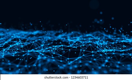 Abstract tangle of lines onblue background. Particle placement with hanging dots in space. Large data background .3d rendering.