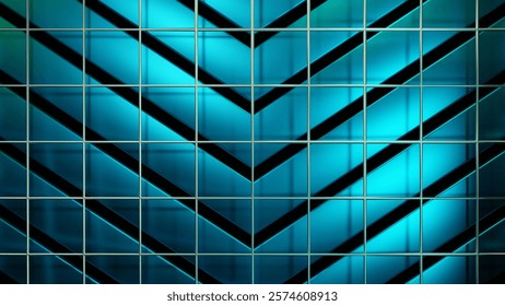 Abstract teal glass chevron pattern wall background texture, modern city building, architectural design