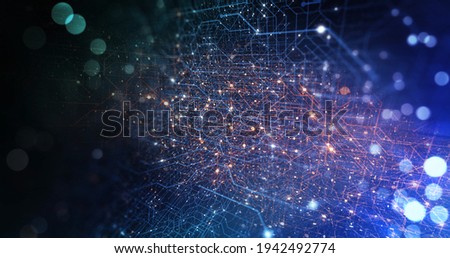 Abstract tech background. Glowing circuit. cyberpunk blocks. Block chain data network. 3D rendering