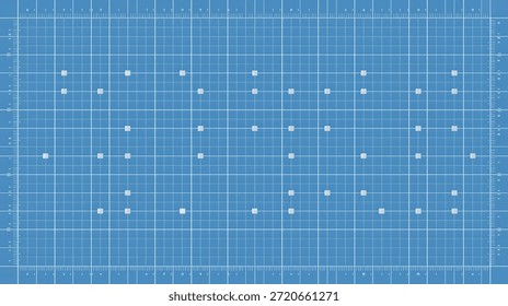 Abstract technical background featuring a detailed blue grid pattern with measuring scales and scattered white square markers, creating a precise and organized visual.