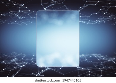Abstract technological backdrop with led light dots and transparent matt screen with copyspace in the center. Mock up, 3D rendering