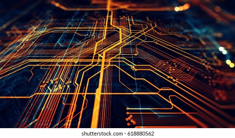 Abstract technological background made of different element printed circuit board. Depth of field effect and bokeh. Printed circuit board in the server  executes the data. 3d rendering