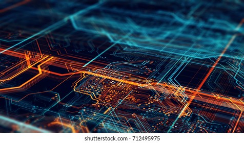 Abstract technological background made of different element printed circuit board. Depth of field effect and bokeh. Printed circuit board in the server executes the data. 3D Rendering