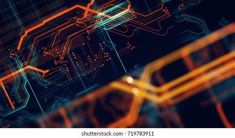 Abstract technological background made of different element printed circuit board and flares. Depth of field effect and bokeh.
3d Render