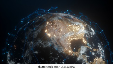 Abstract technological globalization of the Earth in 3D graphics. Global business dots on a rotating blue planet - 3D rendering