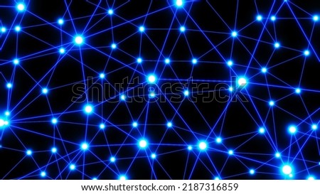 Abstract technology 3D background with neon glowing blue lines on black, plexus science graph, striped network background, 3D render illustration.