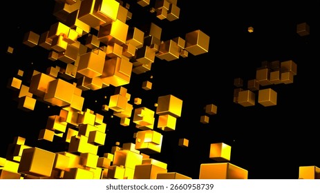 Abstract technology background with 3D cubes in space, golden glowing cubes on black, 3d technology science wallpaper render illustration.