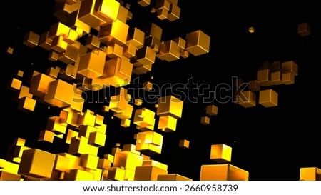 Abstract technology background with 3D cubes in space, golden glowing cubes on black, 3d technology science wallpaper render illustration.