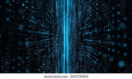 Abstract technology background and big data concept. Digital data flow and computer server visualization. Data center, blockchain, and neural networks. Machine learning, artificial intelligence. 