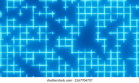 Abstract technology background collapsing virtual reality network concept, blue neon grid 3d render