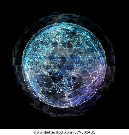 abstract technology background with global communication orbits and high detailed globe. Generated digital 3d illustration