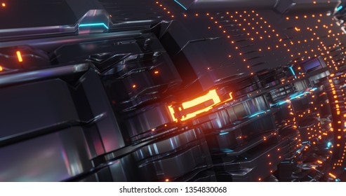 Abstract technology background, led and flickering particles. Animation of electric circuit signal with light glow and Bokeh. Futuristic concept. 3D render