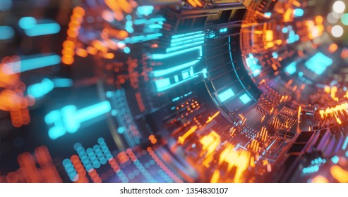 Abstract technology background, led and flickering particles. Animation of electric circuit signal with light glow and Bokeh. Futuristic concept. 3D render