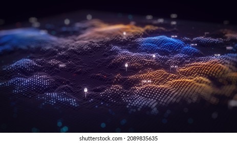 Abstract technology big data background concept. Artificial intelligence tech. Big data and cybersecurity. Transfer and storage of data sets, blockchain, server. Abstract background. 3D illustration.