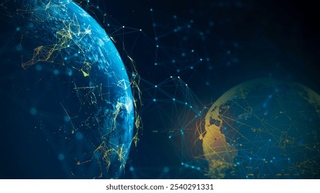 Abstract technology network with glowing nodes and lines. Modern and sophisticated background for banners, posters and social media. Digital technology, internet global network technology concept. 
