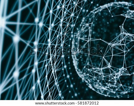 Abstract technology network mesh and destroy sphere cyber geometry orb and polygonal lines and dots. Futuristic Technology, digitally generated image, 3d rendering