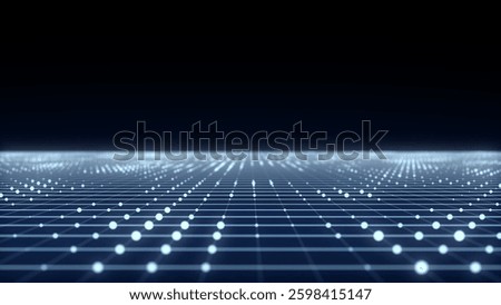 Abstract technology perspective grid. Detailed wireframe landscape with blue lines on black background. Digital space with mesh. 3d rendering.