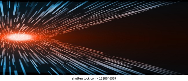 Abstract Technology Perspective Rectangle Movement Warp Speed With Glowing Nova Core Red Light At Center And Blue At Edge On Dark Background With Large Copy Space Area For Product, Advertising Text