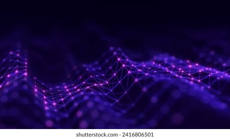 Abstract technology wave with dots and lines. Flow of particles. Big data transfer visualization. 3d rendering.