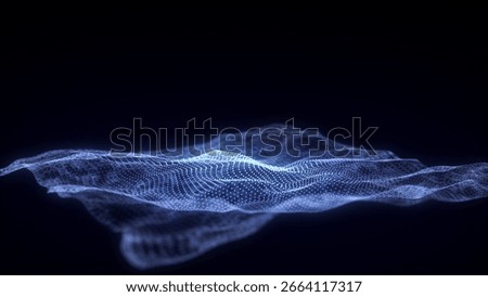 Abstract technology wave of particles and lines. Big data visualization. Dark background with motion dots and lines. Artificial intelligence. 3d rendering.