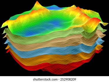 Abstract Terrain, Geology ?ut Layers Scheme, 3d Render Isolated On Black 