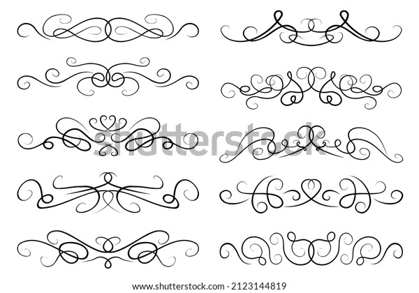 abstract text dividers. Collection of paragraph\
separating designs. Black ornate swirly borders, curvy lines,\
elegant text dividers\
set