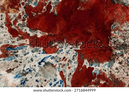 Abstract texture featuring dark red, rust or blood, stains and white, gray, and blue washes. Grungy background for covers, posters, web design, art projects, historical, and medical themes.