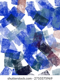Abstract texture of scattered rectangular brush strokes. Various shades of blue, gray, and subtle pink on a white background.