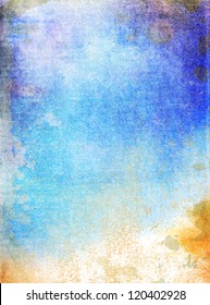 Abstract Textured Background: Old Canvas With Blue, Yellow, And White Patterns. For Art Texture, Grunge Design, And Vintage Paper / Border Frame