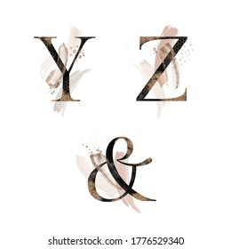 Abstract Textured Gold & Dark Alphabet set - letters Y, Z & ampersand. Blush, beige collection for wedding invites decoration, posters, wallpapers, cards, birthdays & other concept ideas.