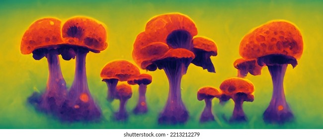 Abstract Thermal Coloured Mushrooms, Trippy Psychedelic Lsd Art. For: Web Banner, Texture, Pattern, Wallpaper.