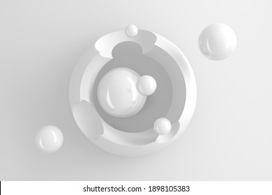 Abstract three-dimensional background of many circles with a stylized display of the planet and satellites on white background. 3D illustration