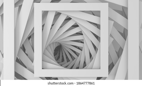 Abstract three-dimensional minimal white light texture of a set of straight square borders of steps that spiral. 3D illustration